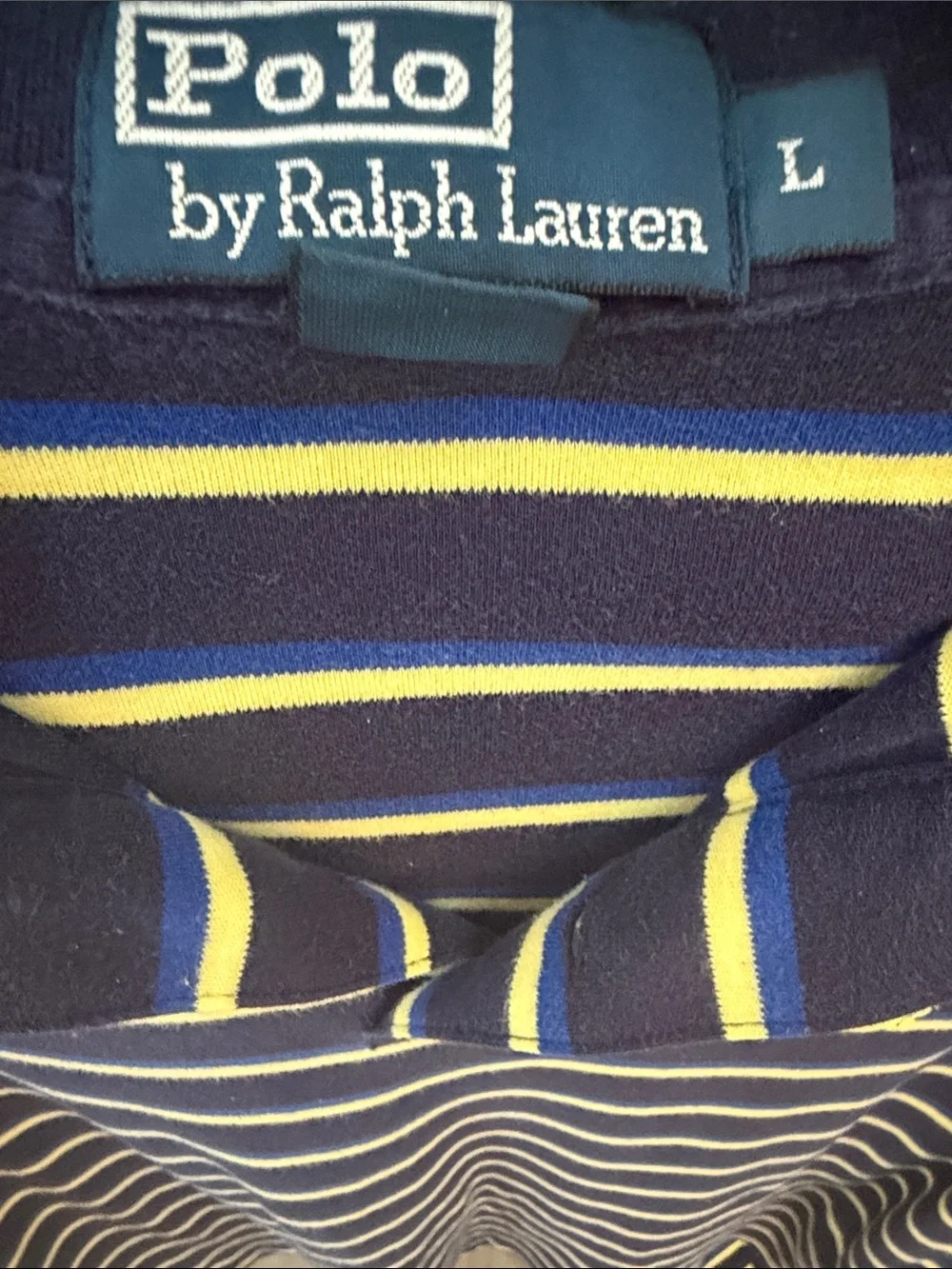Vintage Ralph Lauren Polo Silver Label Navy and Yellow Striped Polo.  Sz L